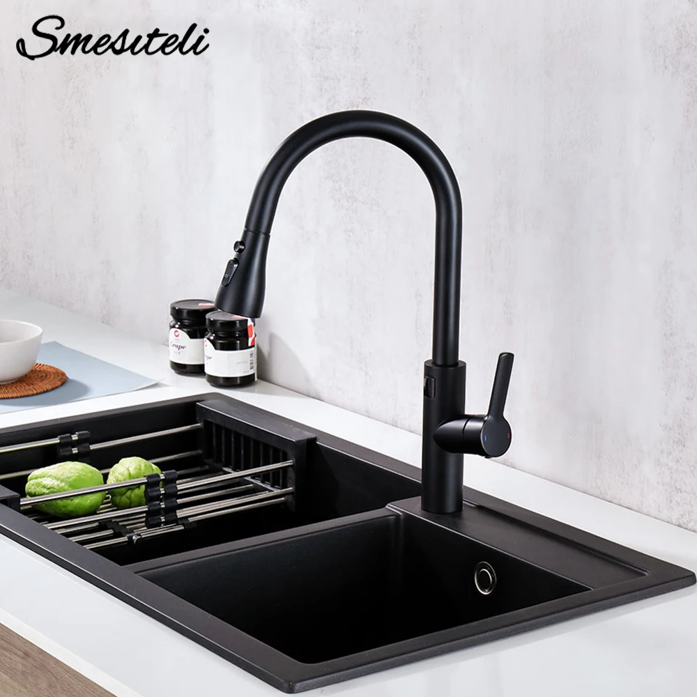 

Матовый черный сенсорный кухонный кран, горячий и холодный выдвижной кухонный смеситель для раковины, цифровой дисплей, функция вращения кухонного крана