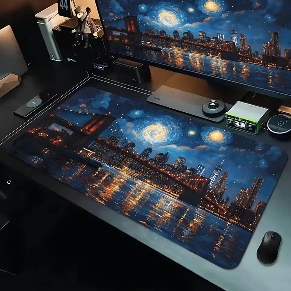 Podkładka pod mysz Van Gogh XXL Akcesoria Gamingowe Biurowa Mata na Biurko dla Graczy Antypoślizgowa Podkładka pod Laptopa Gwieździsta Noc Most Brooklyn