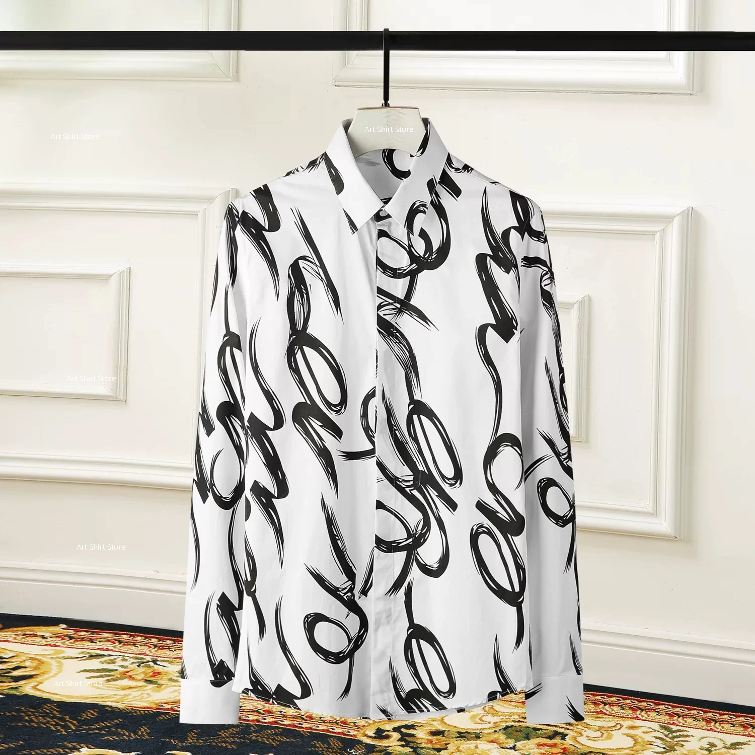 Fashionable Chinese-style cultural item, symmetrically positioned flower print, slim-fitting trendy men's long-sleeved shirt