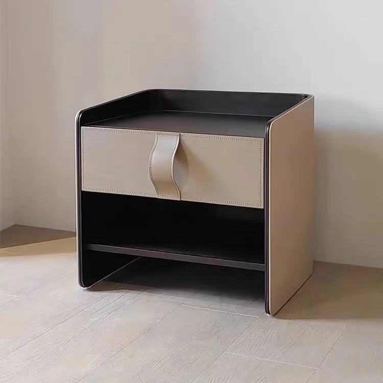 طاولة بجانب السرير من الخشب الصلب الإيطالي البسيط وغرفة النوم من خشب الجوز وخزانة بجانب السرير مصنوعة من الجلد وخفيفة الوزن وخزانة تخزين من الخشب الصلب الفاخر #6