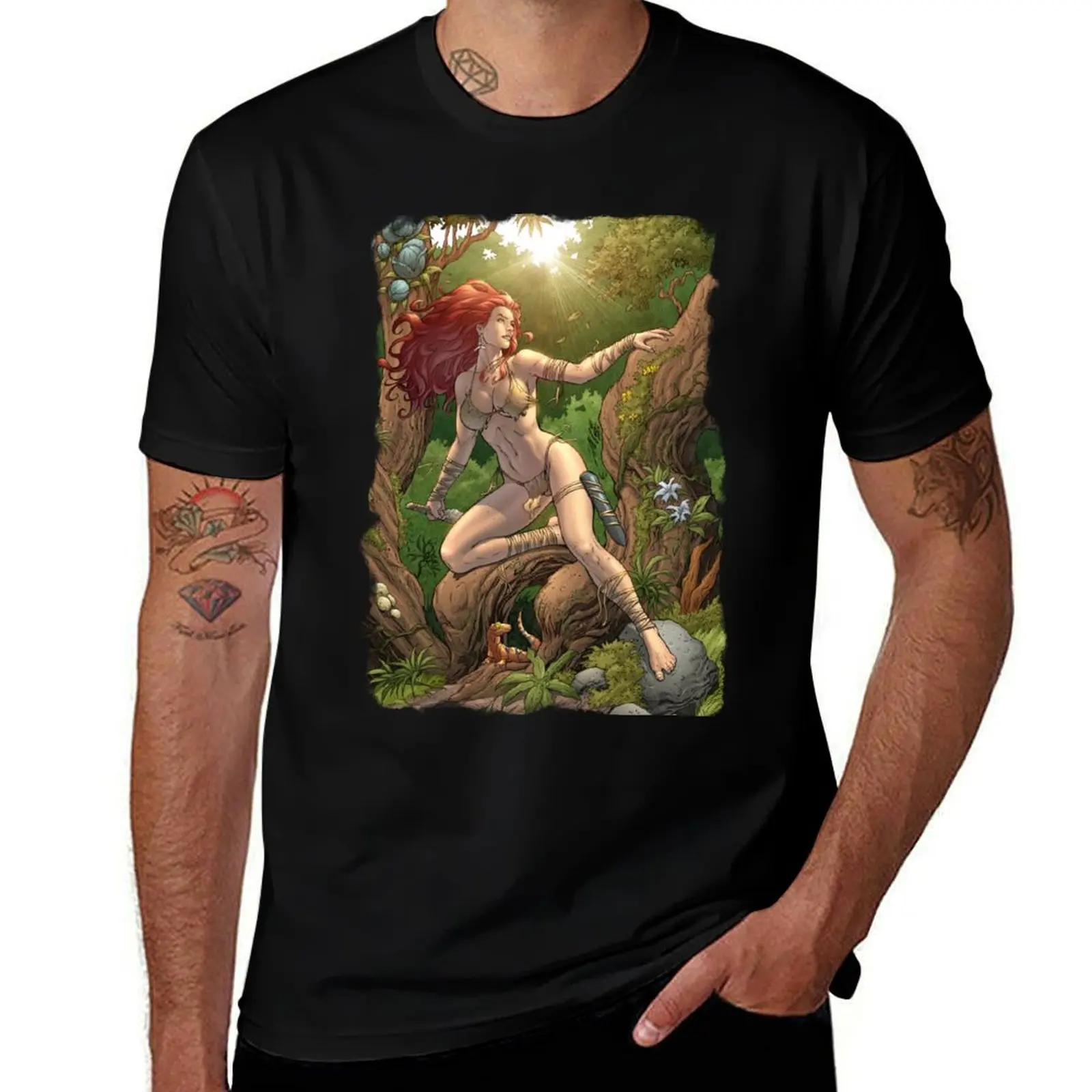 Redhead Cavewoman in Jungle by Al Rio T-Shirt Industrial Work Tee Shirt T-Shirt