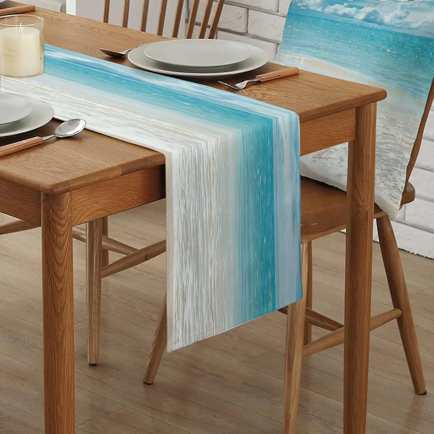 Summer Ocean Beach Sea Water Linen Table Runner Dresser Scarf Table Decor Farmhouse Kitchen Dining Table Runner Party Decor