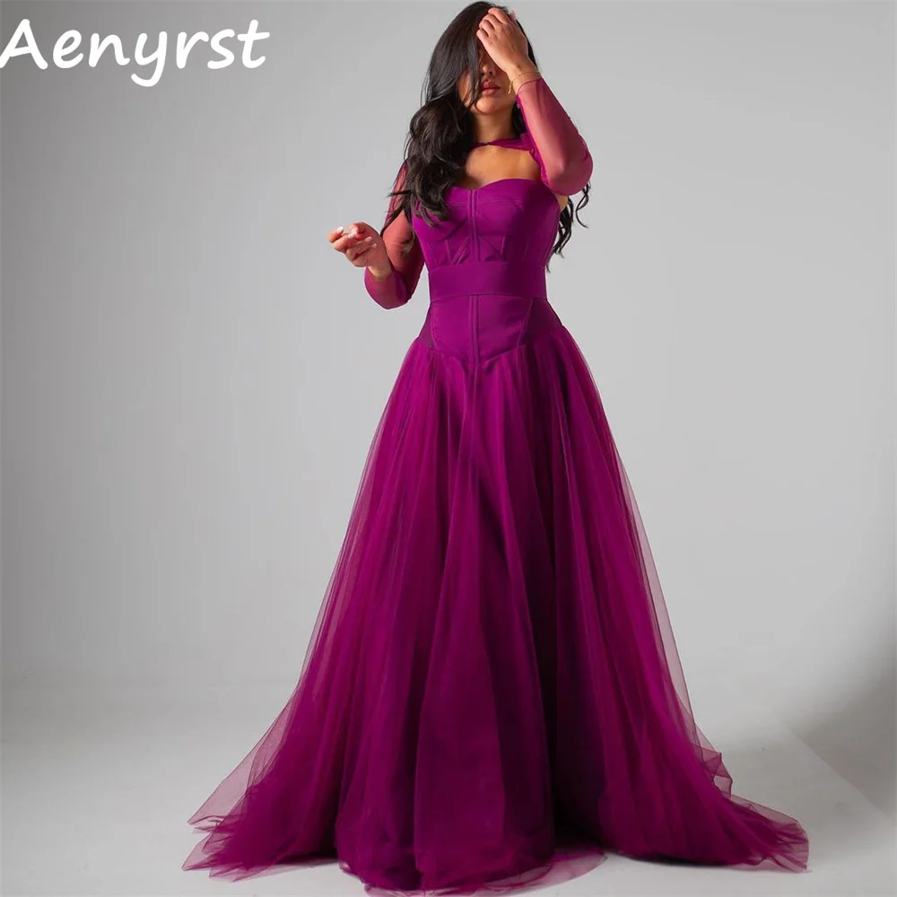 Aenyrst Sweetheart A Line Tule Avondjurken Met Decathable Lange Mouwen Open Rug Feestjurken فساتين للحفلات الراقصة