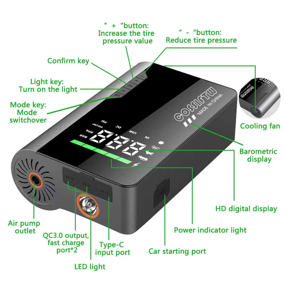 COSSIFTW Car Jump Starter Emergency Air Pump 150PSI Air Compressor 16800mAh Peak Current 3000A Starter Device Tire Inflator