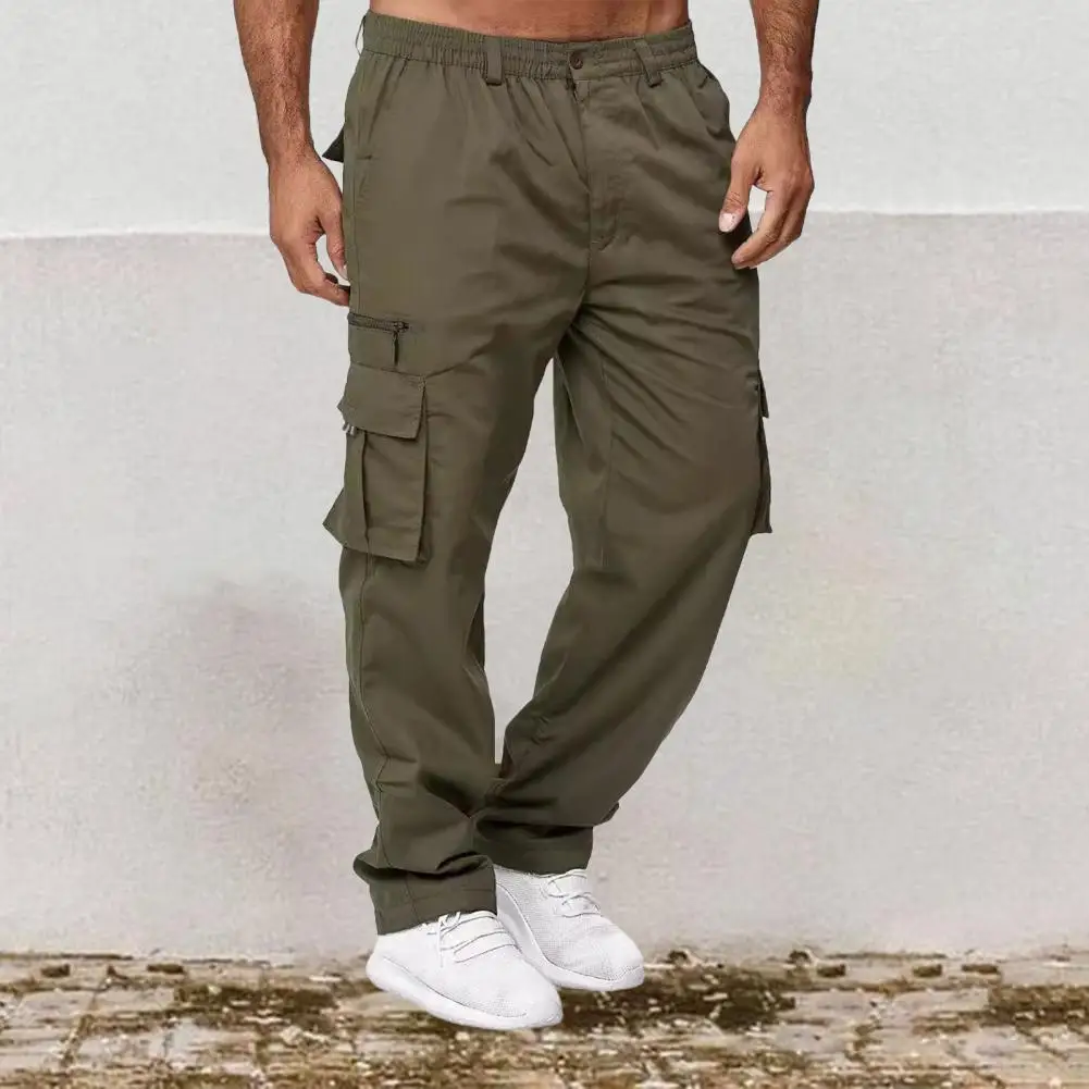 Men Spring Fall Pants with Multi Pockets Elastic Waist Straight Leg Sweatpants Stretchy Slacks Loose Sport Jogging Trousers