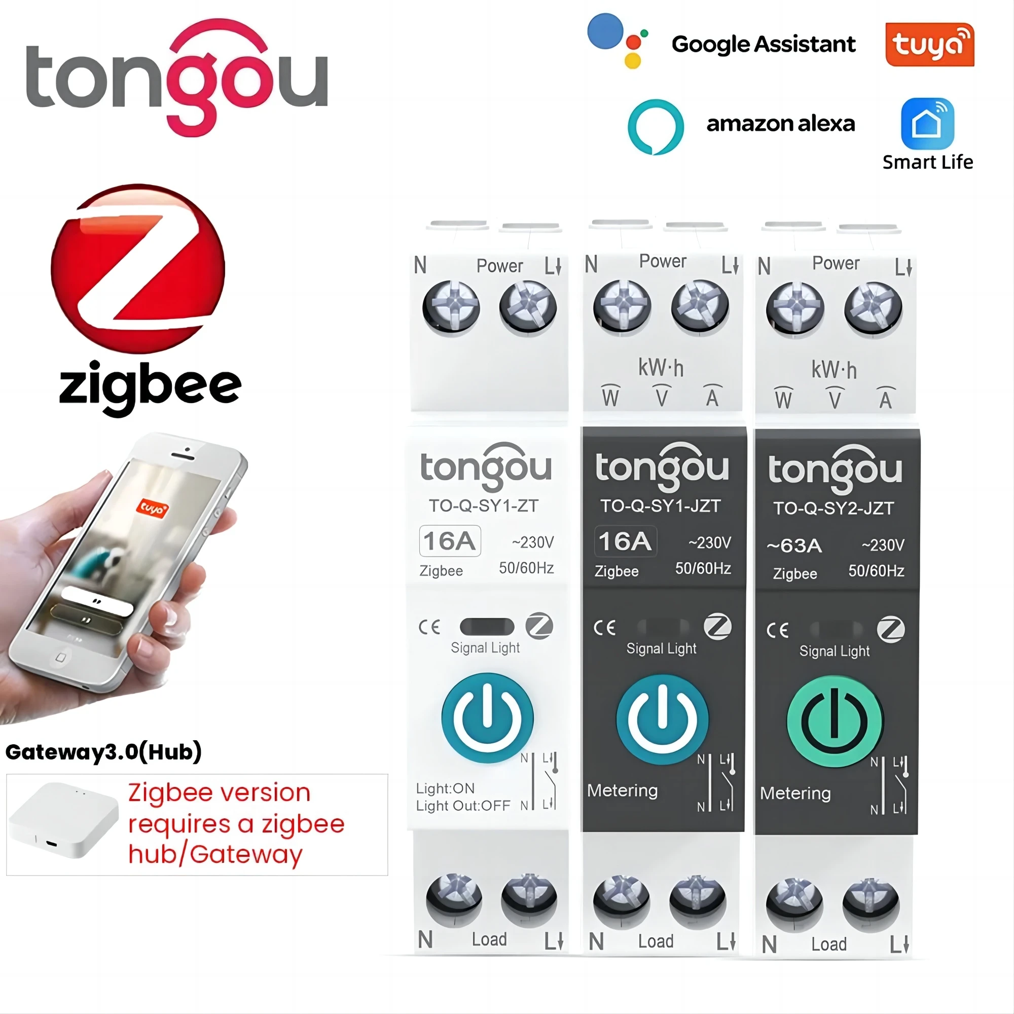מפסק זרם חכם TUYA ZigBee עם מדידה 1P 63A לתלייה על פס DIN לבית חכם, מתג שליטה מרחוק אלחוטי דרך אפליקציית Smart Life