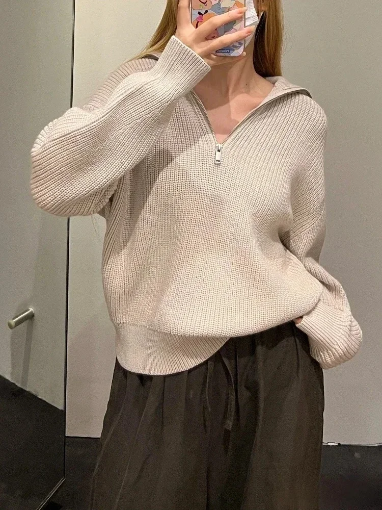 

Semi-zipper Casual Solid Color Knitwear Sweater Simple Loose Long Sleeves Pullover 2026 Autumn and Winter New Women's Sweater