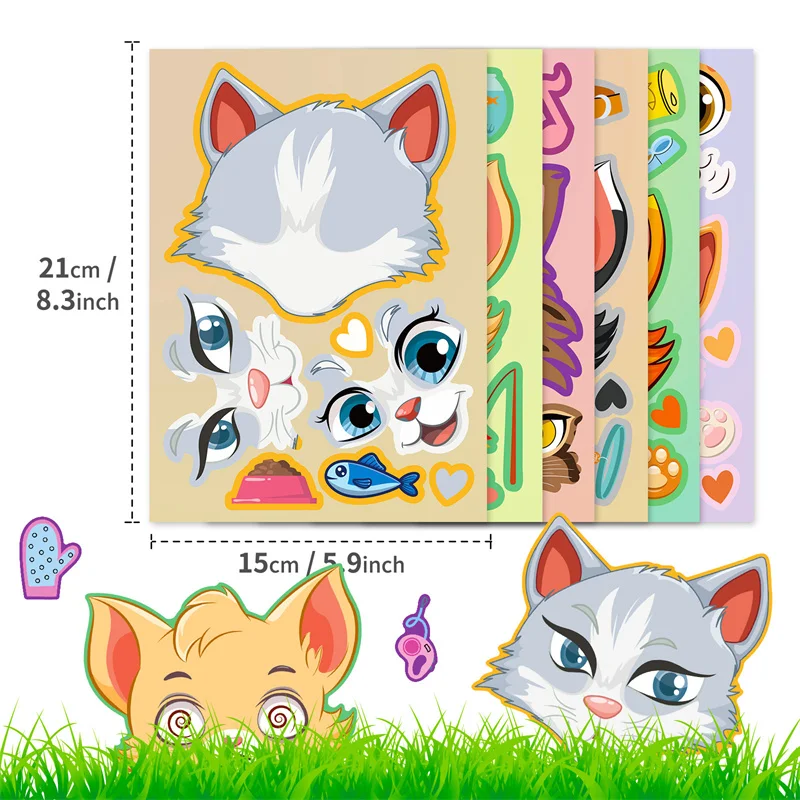 6-24Sheet Make Your Own Cats Stickers Kids DIY Make-A-Face Sticker Party Games School Activity Reward Puzzle Jigsaw Children Toy