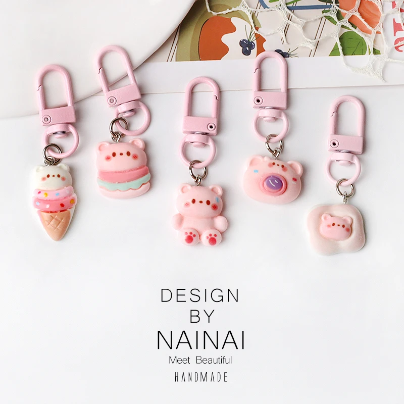 Cute Cartoon Burger Bear Keychain Pink Sweet Couple Best Friend Accessory Gift Lovely Girl Heart Hanging Holder