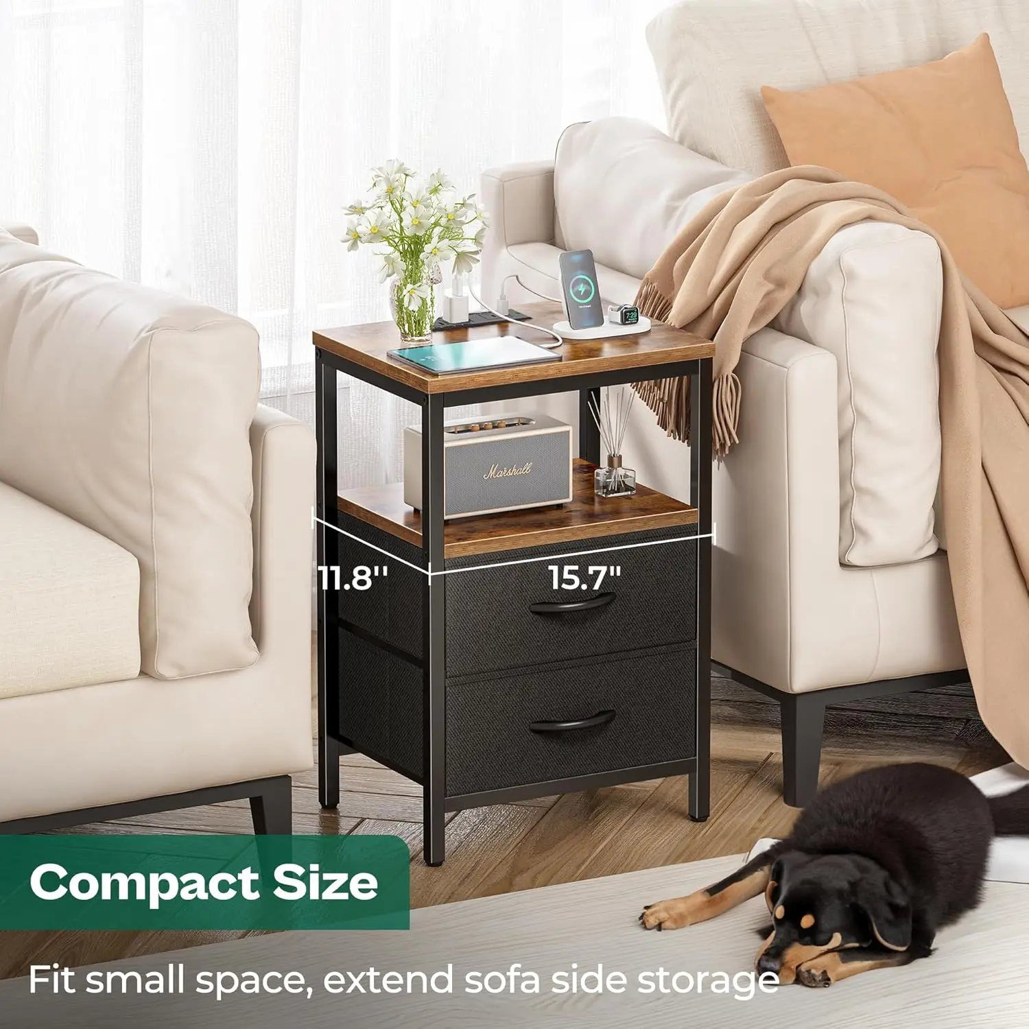 Nightstand with Charging Station, Side Table with Fabric Drawers, End Table with Open Shelf, Bedside Table with USB Ports and