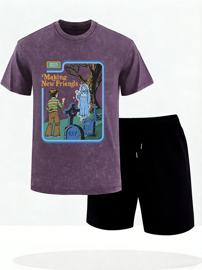 

Making New Friends Pattern Washed T Shirt Mans Breathable Hip Hop Male T-Shirts Fashion Cotton Top Set Retro Simple Short Sleeve