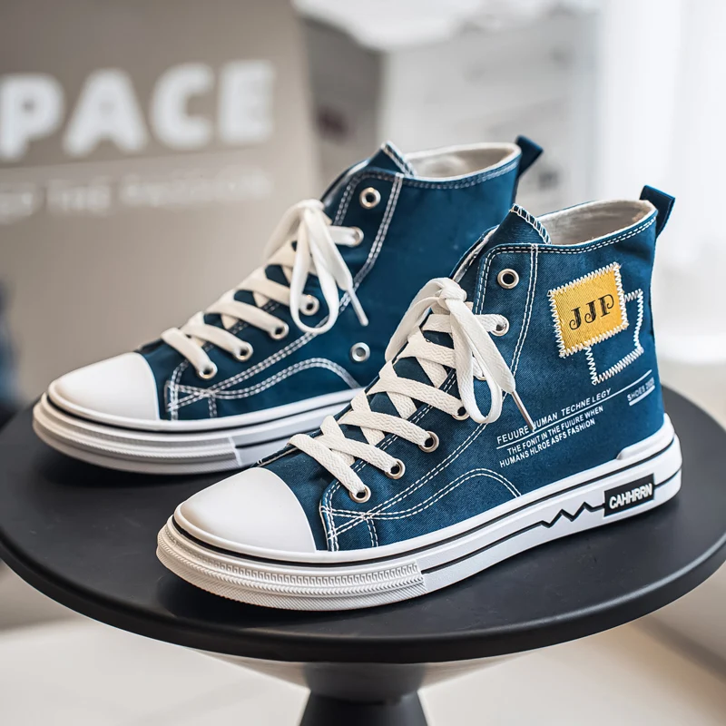 

Оригинальные синие мужские высокие парусиновые туфли, удобная универсальная мужская вулканизированная обувь, дышащая студенческая повседневная обувь на шнуровке, мужская