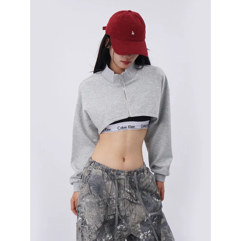 

High Waist Loose Fit Sweatshirt Women's Jazz Street Dance Casual Sportswear Ultra Short Crop Top Zipper Cover up Jacket