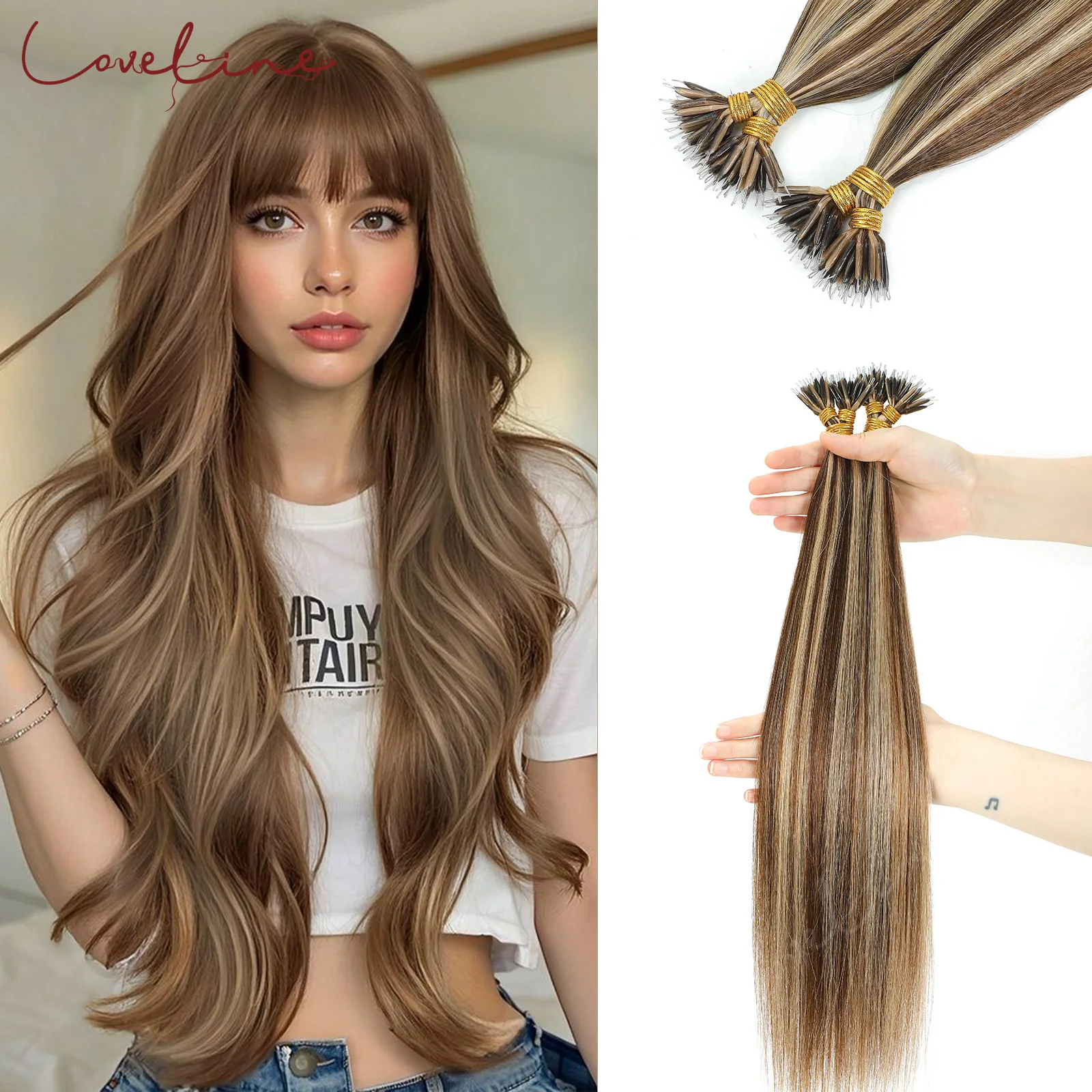 100Pcs Micro Ring Hair Extensions  Real Human Hair Extensions For Woman Nano Ring Micro Tip Thick Soft Highlight Blond Full Head
