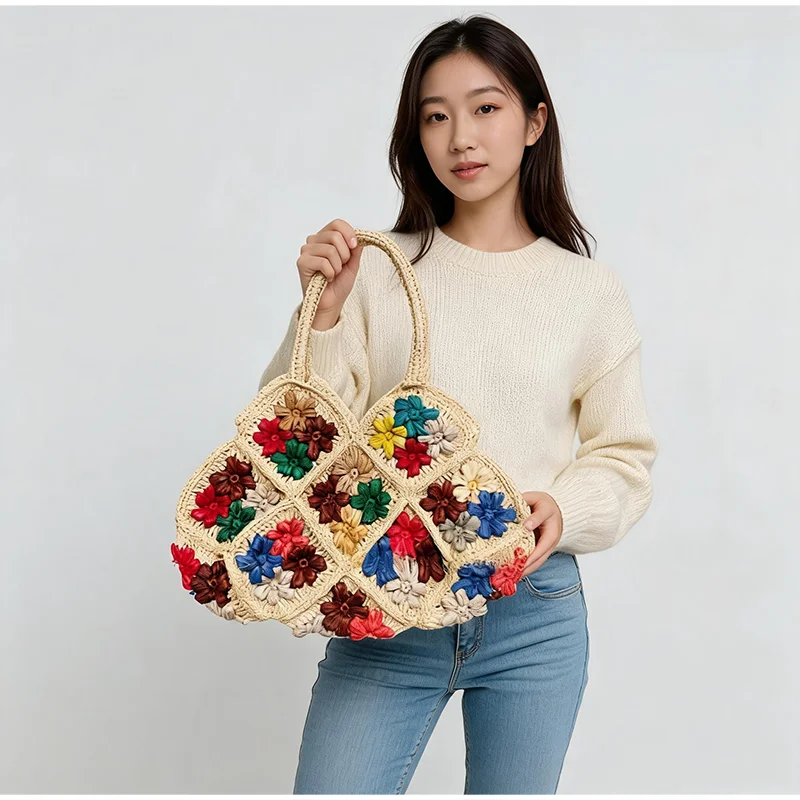 Hochwertige Handgefertigte Raffia-Schultertasche Exquisite Gewebte Stroh-Tragetasche Offene Bunte Blumen-Diamantmuster Einkaufstasche – Detail 20
