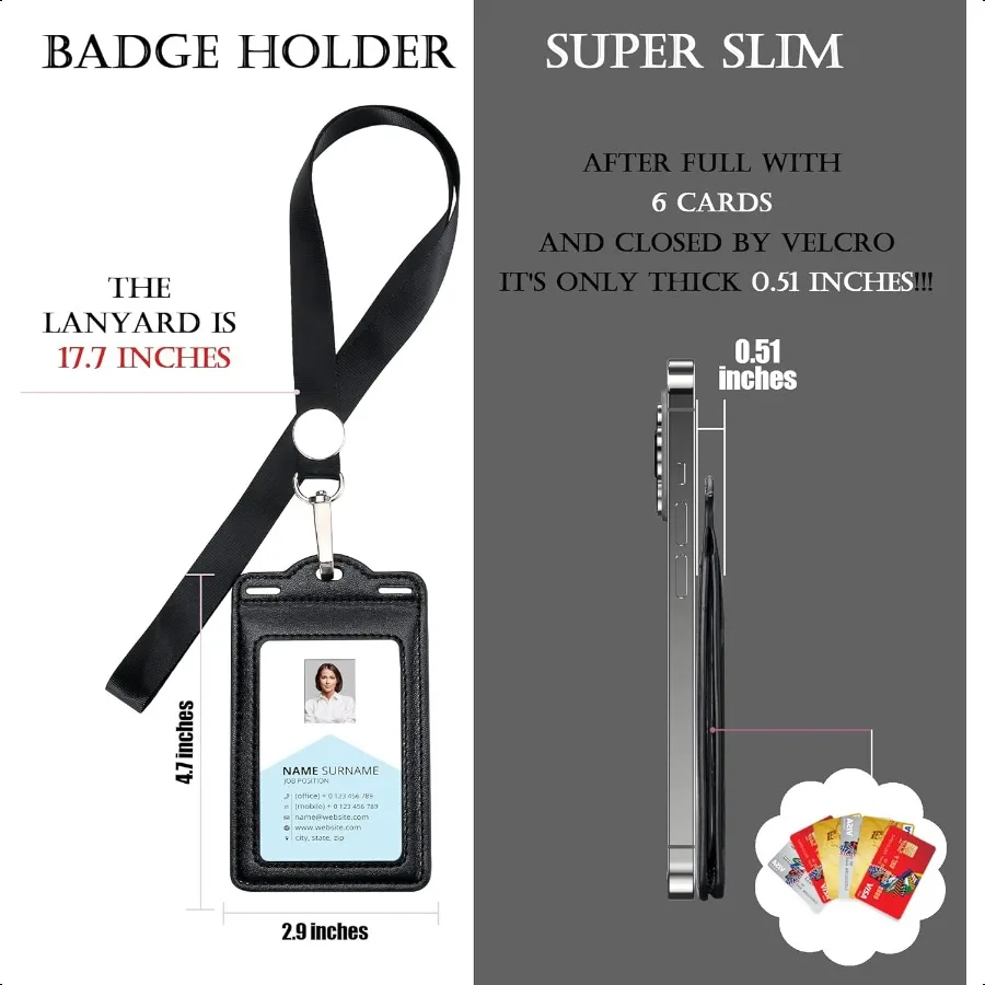 Suporte de crachá com 2 cordões de couro, contém facilmente cartões de 1 a 6 cartões, suporte de cartão de identificação resistente com três dobras para professor, escola, direito médico