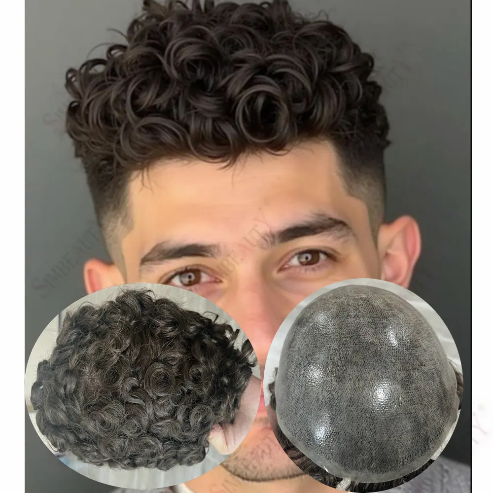 20 مللي متر مجعد أسود بني رمادي سوبر دائم كامل بولي Skin الجلد الرجال الشعر المستعار 100% شعر بشري حقيقي خط الشعر الطبيعي نظام الاصطناعية الشعرية