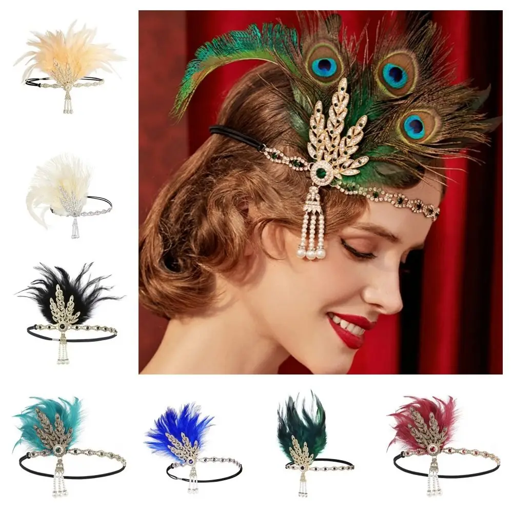 Exquisite Elegant Feather Headband Vintage Diamond Cosplay Dress Headwear Makeup Party 1920s Masquerade Hair Band Bridal