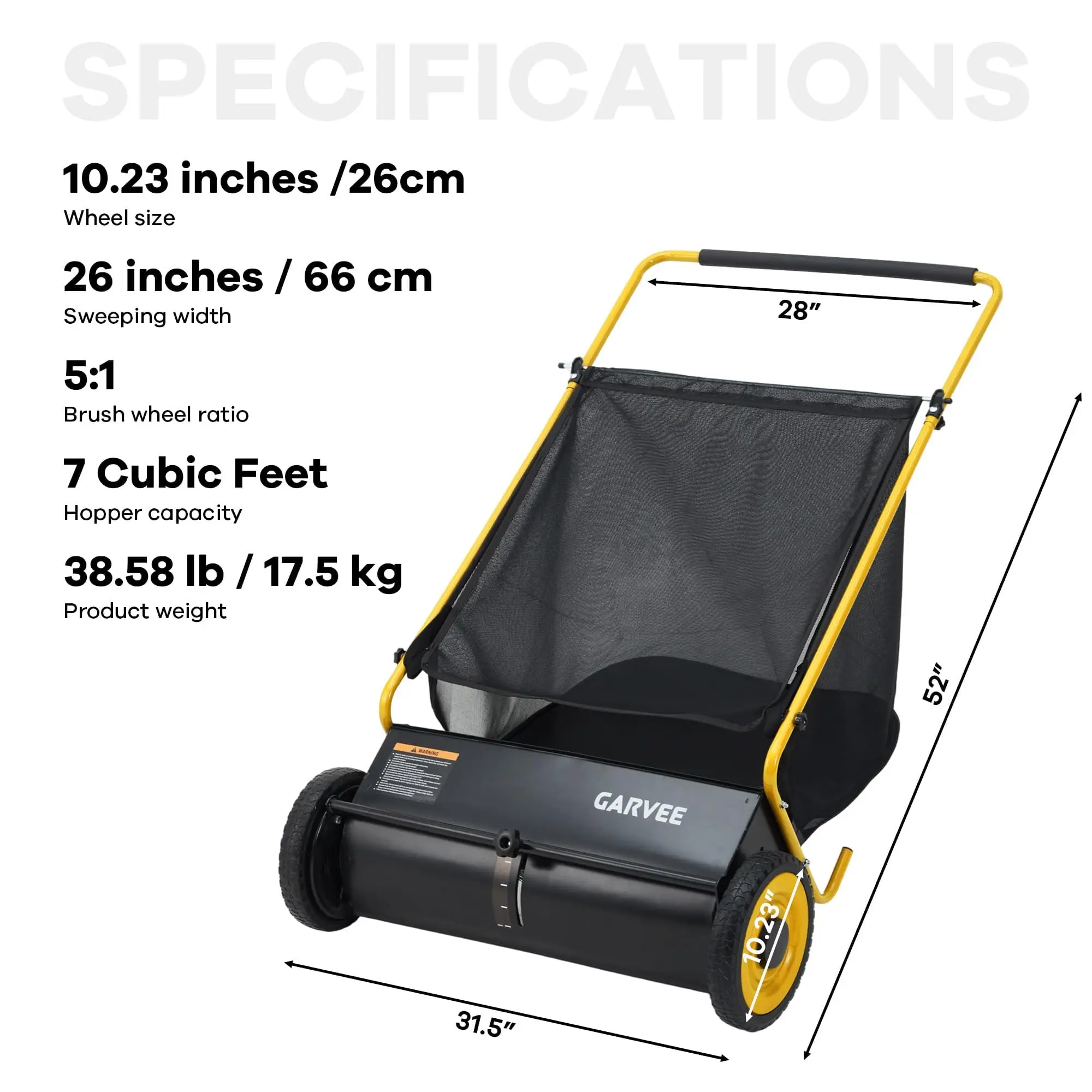 Push Lawn Sweeper 26in Leaf & Grass Collector, 7 Cu.Ft Hopper Bag With Cover, Adjustable Brush Height, Steel Yard Sweeper