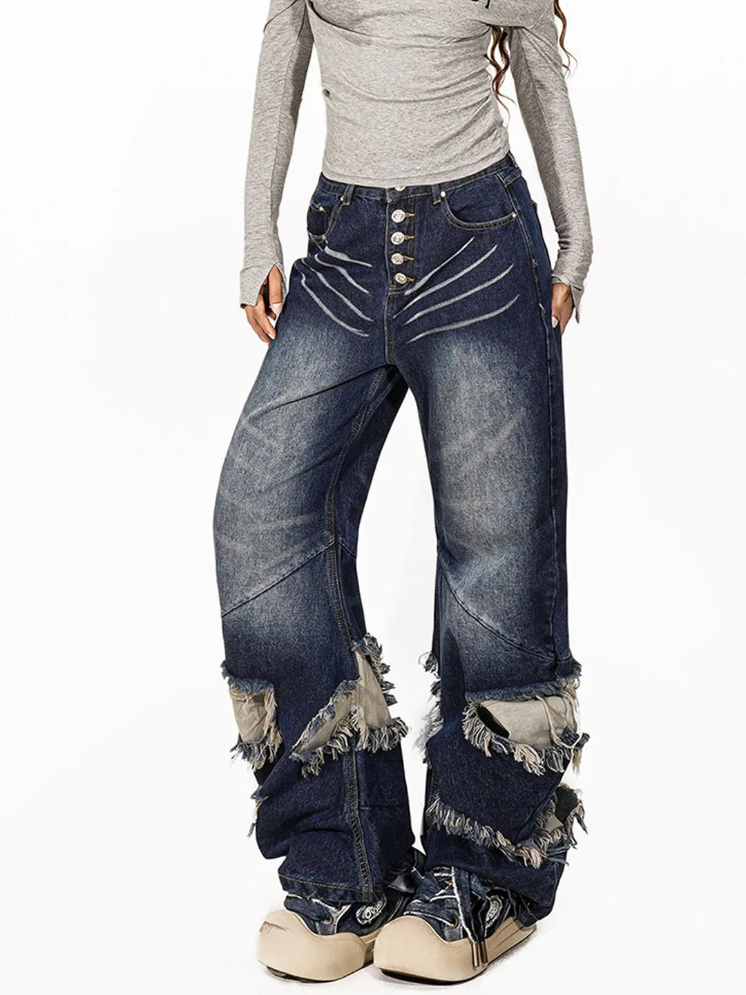 Retro American Tear Splicing  Scratch Hole Fringe Wide Leg Knife Jeans Women's High Waist Commute Style Antistain Denim
