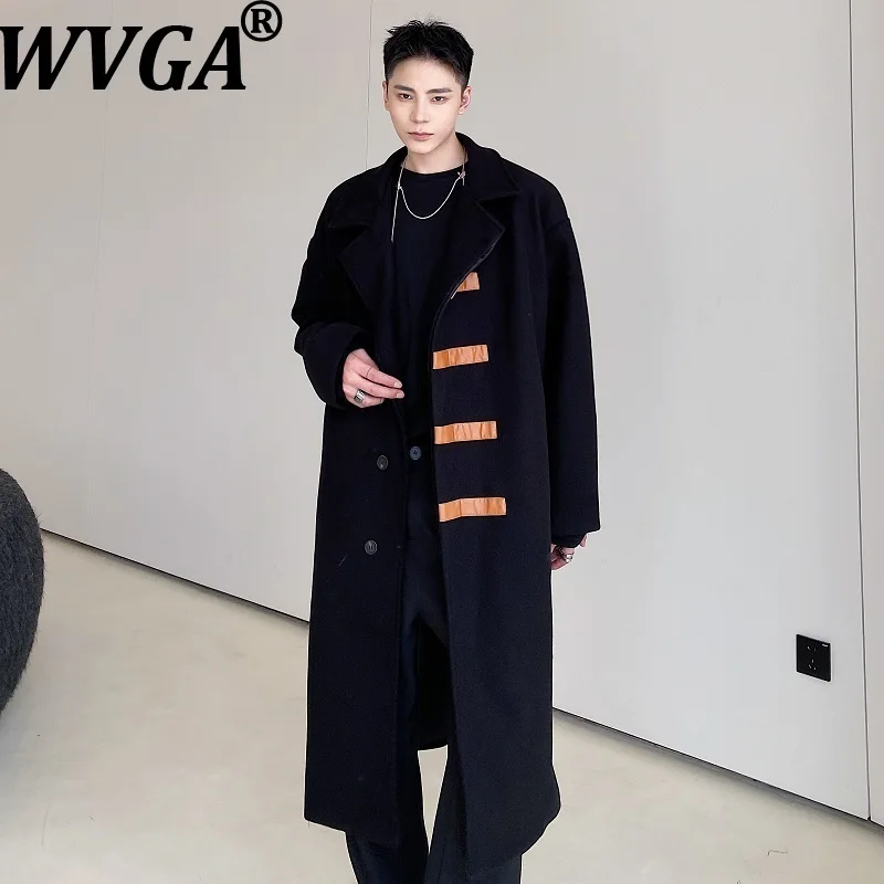 

WVGA Autumn Winter New Men Tide Patchwork Color-Block Trendy Over-The-Knee Long Sleeved Wool Jackets Niche Chic Coats Ins W16200