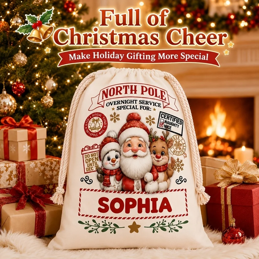 1Pc Christmas Custom Name/Text Imitation Hemp Gift Bag,Santa Claus Snowman Drawstring Closure Storage Pouch,Xmas Party Candy Bag