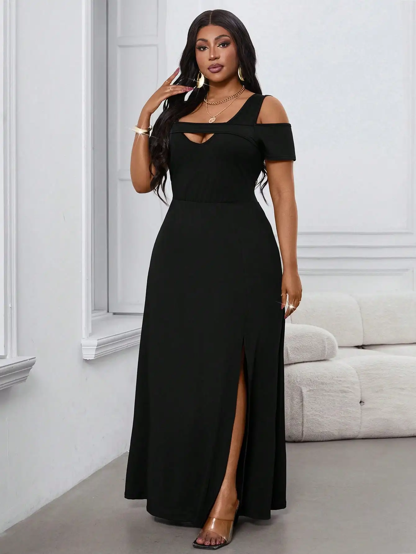 

Black Off Shoulder Maxi Dress With Slit Hem, Sexy Elegant Long Dress For Party Date Casual Wear
