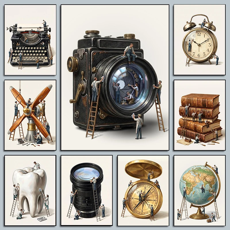 Vintage Camera Compass Typewriter Explorer Posters Creative Workspace Modern Prints Canvas Wall Pictures Home Living Room Dec
