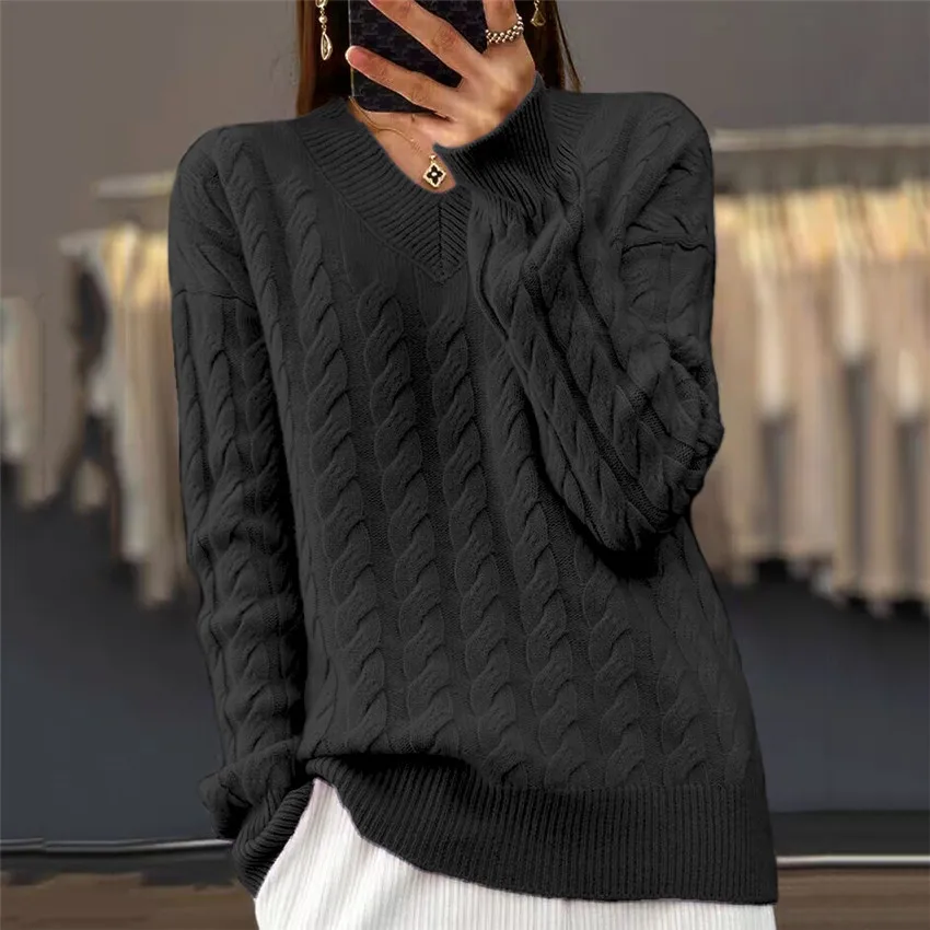 Suéter con cuello en V para mujer, Jersey de punto de manga larga a la moda, Tops básicos lisos cálidos para mujer, prendas de punto