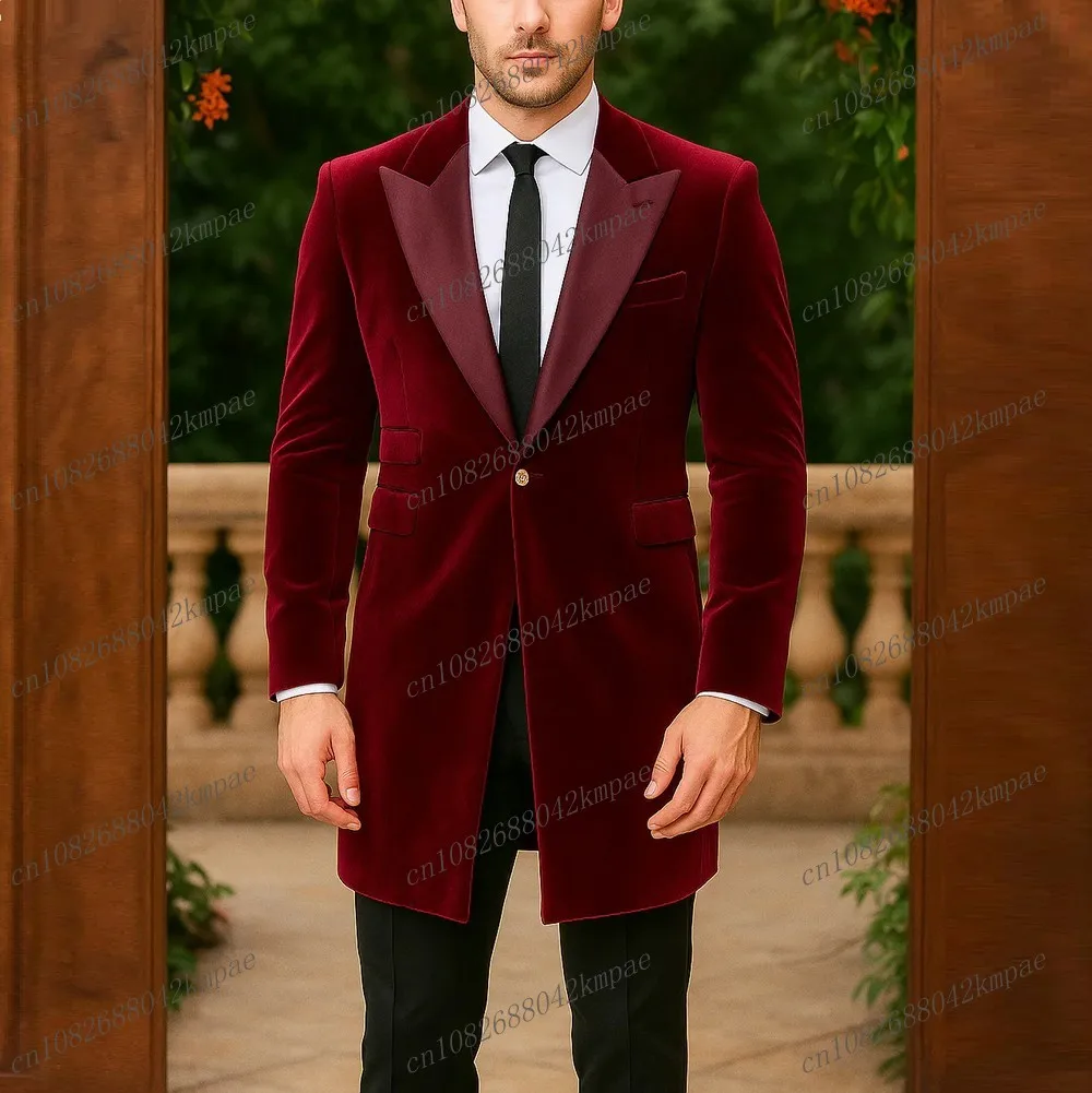 

Long Burgundy Velvet Black Pants Men Suit Formal Groom Wedding Party Prom Male Business Tuxedos 2 Piece Set Blazer Pants