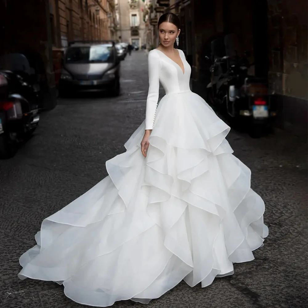 Customized Long Sleeved Deep V-neck Wedding Dress with Elegant Layered Ruffled Edges A Large Trailing Bridal Gown 2026 New Style