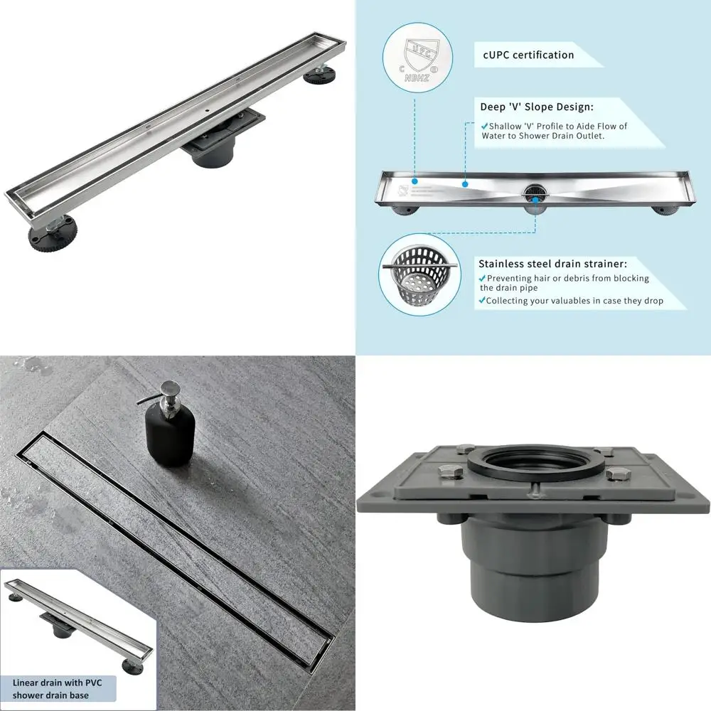 

24-Inch Linear Shower Drain, Tile Insert Grate, Brushed Stainless Steel, Professional Grade Rectangle Shower Floor Drain with Ti