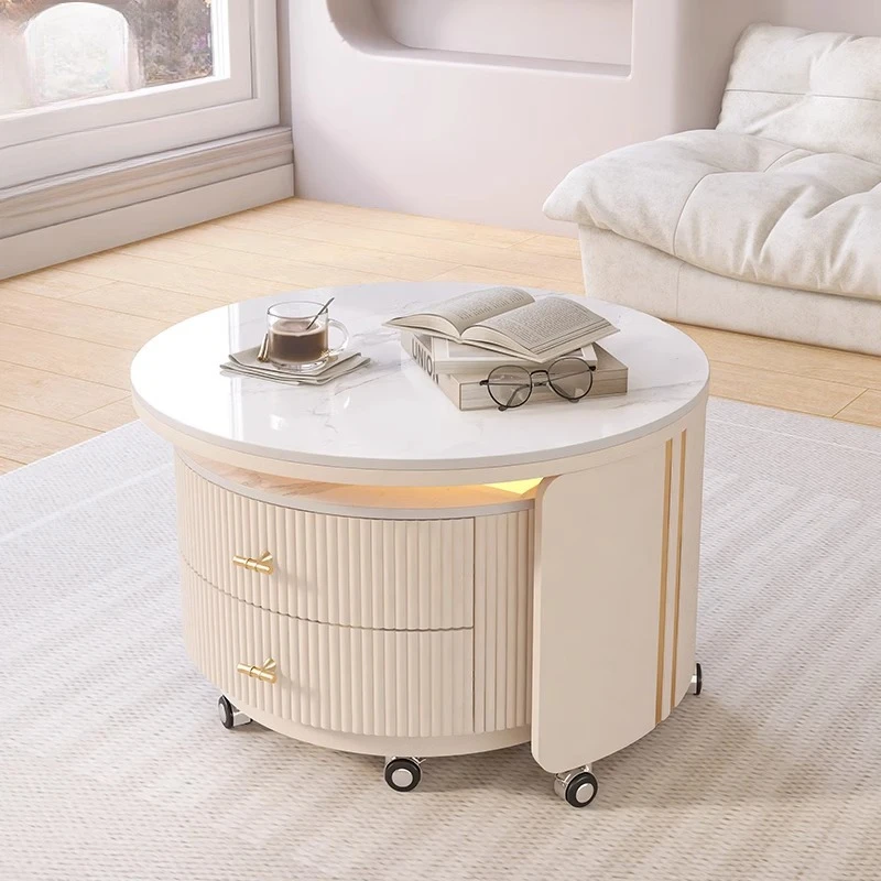 

2025 новый журнальный столик для гостиной, дома, маленькой квартиры, современный свет, роскошный кремовый ветер, мобильный круглый вращающийся кофе из каменной плиты