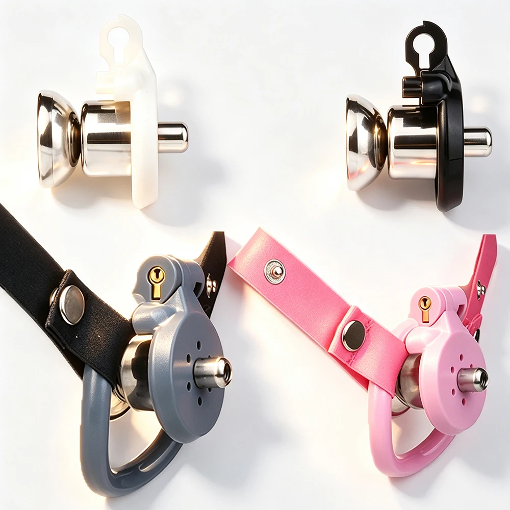 FRKO フラットボタン式貞操帯。金属製の排尿用リング付き。4サイズ展開。ペニスリング、コックロック、貞操ベルト。シシーな男性向けのエロティックな大人向けセックストイ。
