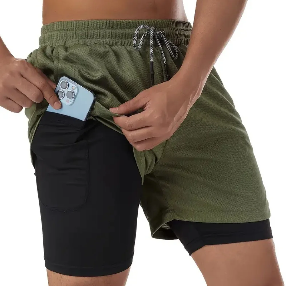 Mens Running Shorts Double Layer Quick Dry Athletic Training Summer Gym Jogging Loose Fit Outdoor Sport Fitness Pants