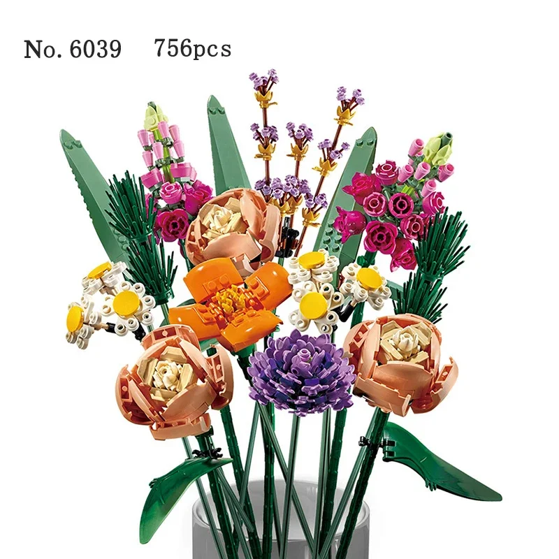 756Pcs Home Decor Artificial Flower Bouquet Moc Contrution Building Blocks Bricks Toys Kid Birthday Christmas Gifts Fit 10280