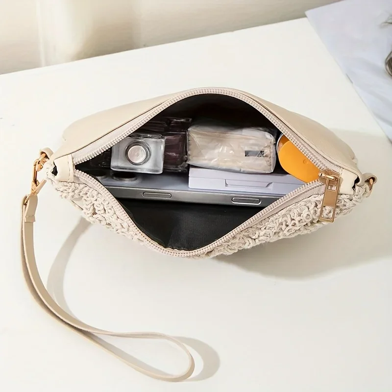 Luxuriöse, ausgehöhlte Blumen-Häkeltasche, schicke Strohtasche mit Reißverschluss, Clutch-Tasche mit verstellbarem Riemen, tägliche Damen-Umhängetasche – Detail 3