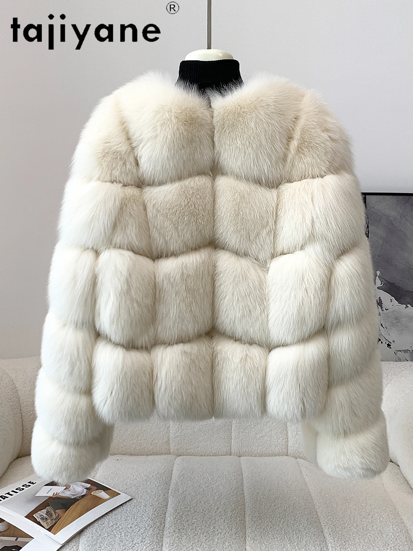 معطف فرو الثعلب الطبيعي من TAJIYANE سترات نسائية أنيقة برقبة على شكل حرف v باللون الأبيض من الفرو الحقيقي 2025 جديد في معاطف ملابس نسائية شتوية