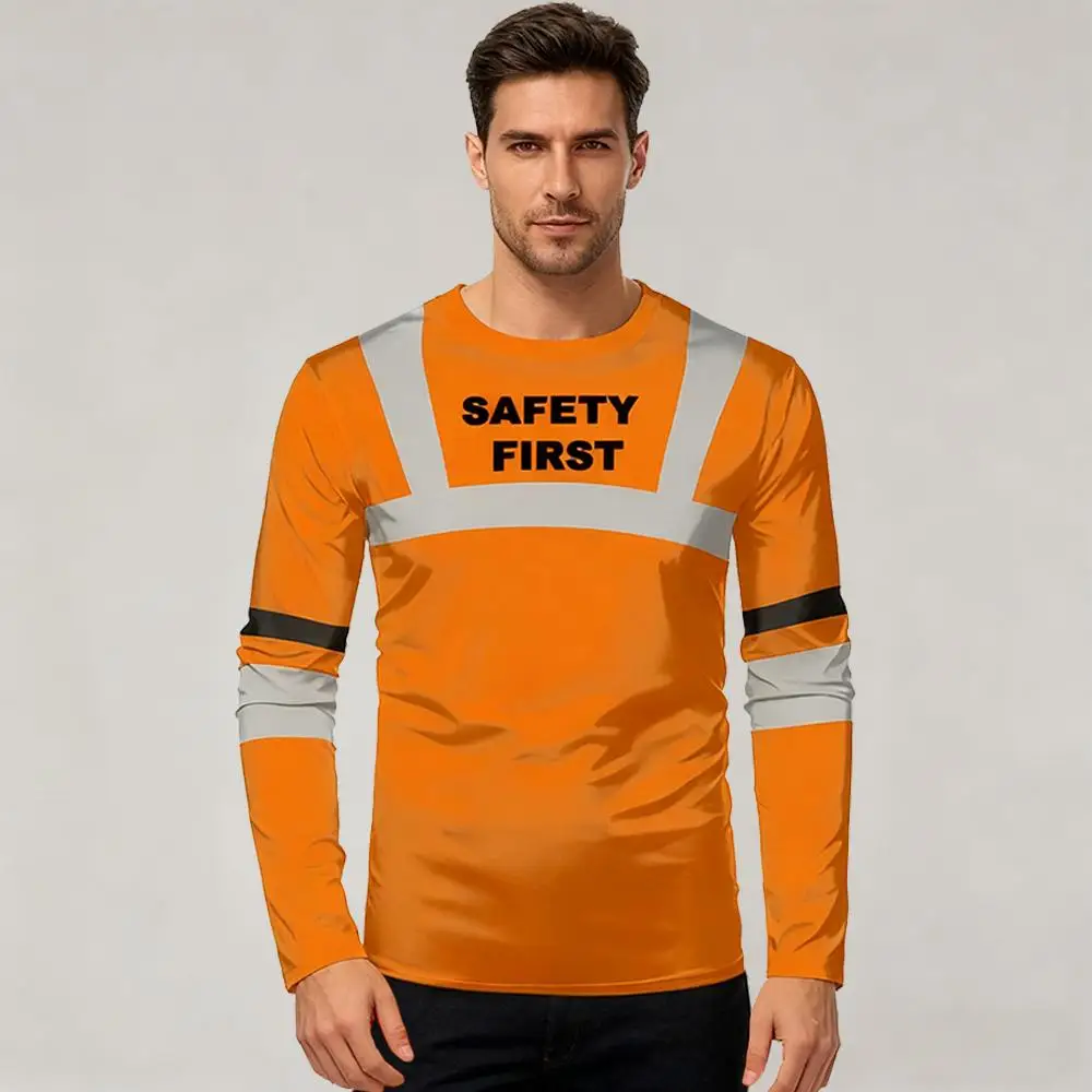 

Outdoor Men's Breathable Long-Sleeved Workwear 3D Printed Striped Safety Uniform Customized Tops With "Safety First" Slogan