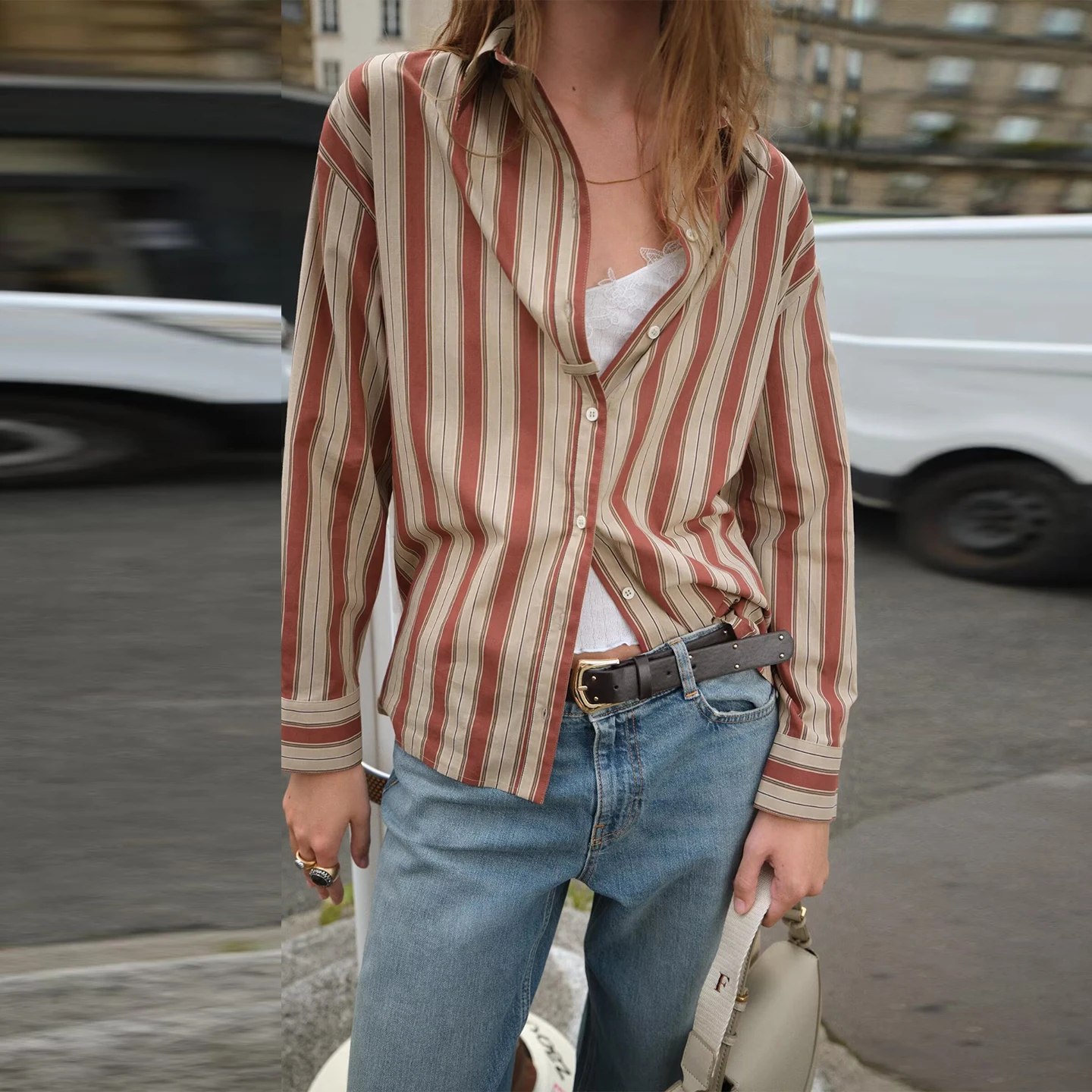 

Z Women's Faion irt Striped Ba Strap Personali Temperament 2025 New Arrival European Sle Long Sve Blouse