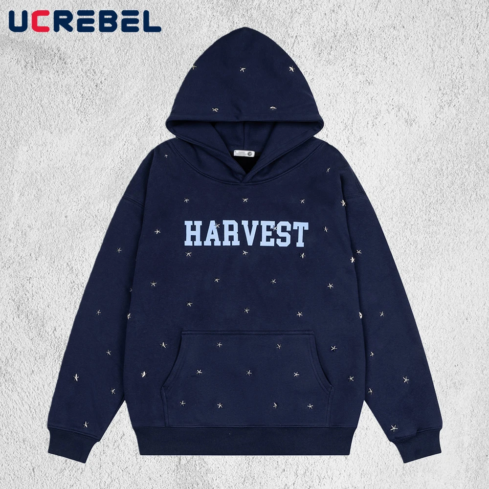 

Letter Embroidery Hoodies Mens Five-pointed Star Spring Fleece Y2k Streetwear Loose Long Sleeve Front Pocket Hooded Sweatshirts