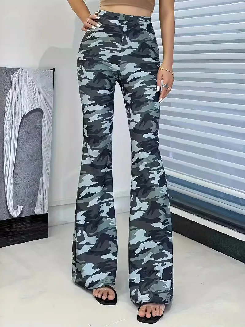 الأمريكية Sle عالية الخصر سليم صالح التمويه السراويل النسائية جرس بوت عارضة السراويل مثير Sle ألياف البوليستر المطبوعة