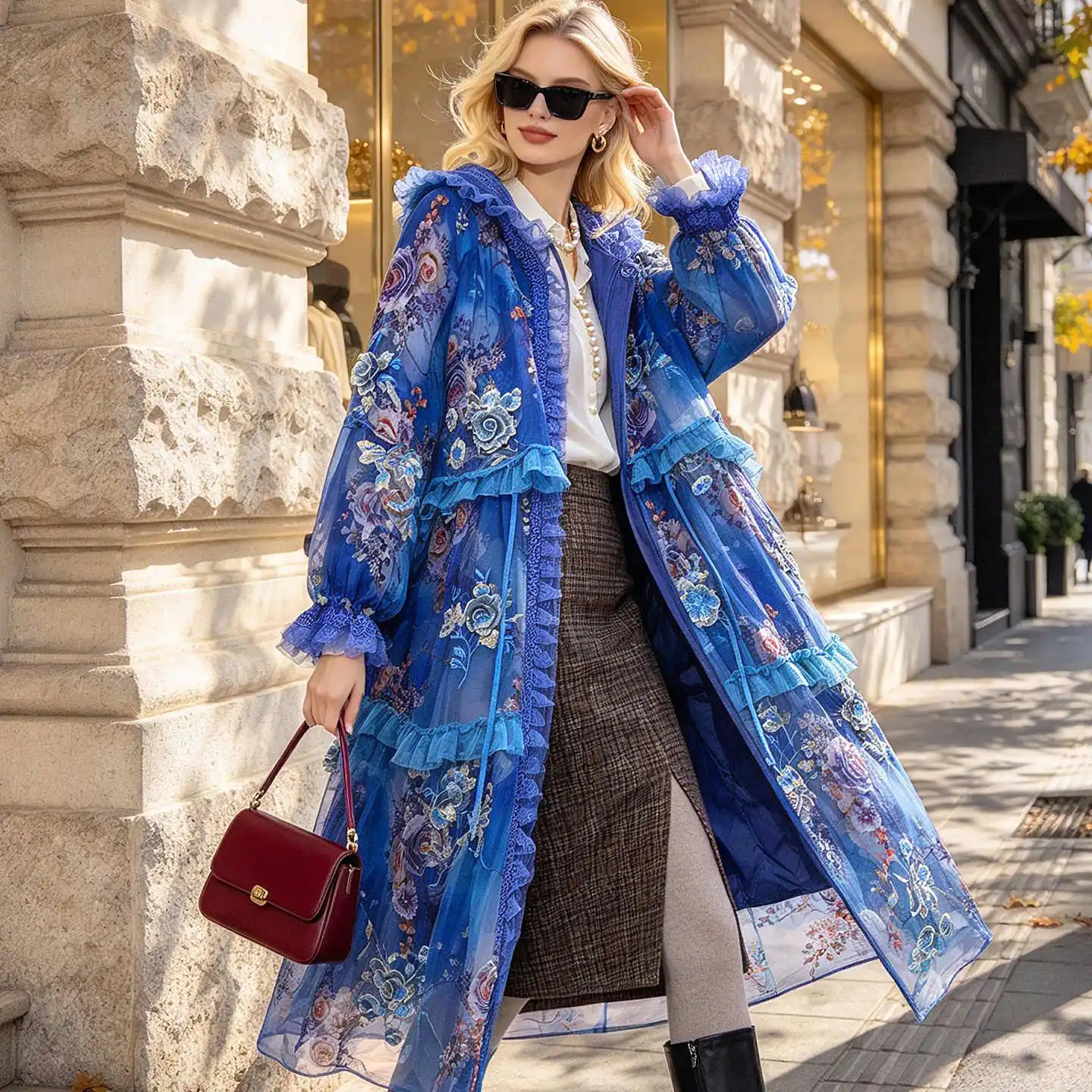 Women Hooded Silk Fabric Mid Long late Autumn Early Winter Luxury Print +Embroidery Loose Warm Lady Cotton Coat