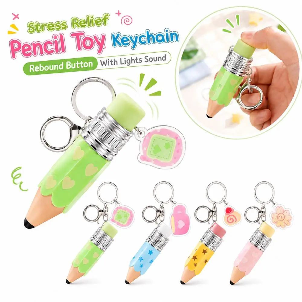 Cartoon Pencil Stress Relief Toy Keychain with Lights Sound Versatile Pencil Press Button Toy Keychain Plastic Lifelike