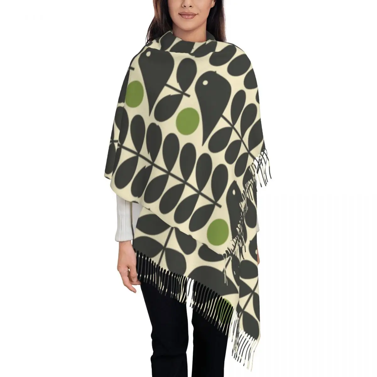 

Female Long Orla Kiely Dark Color Scarves Women Winter Fall Thick Warm Tassel Shawl Wraps Scandinavian Flower Scandi Retro Scarf