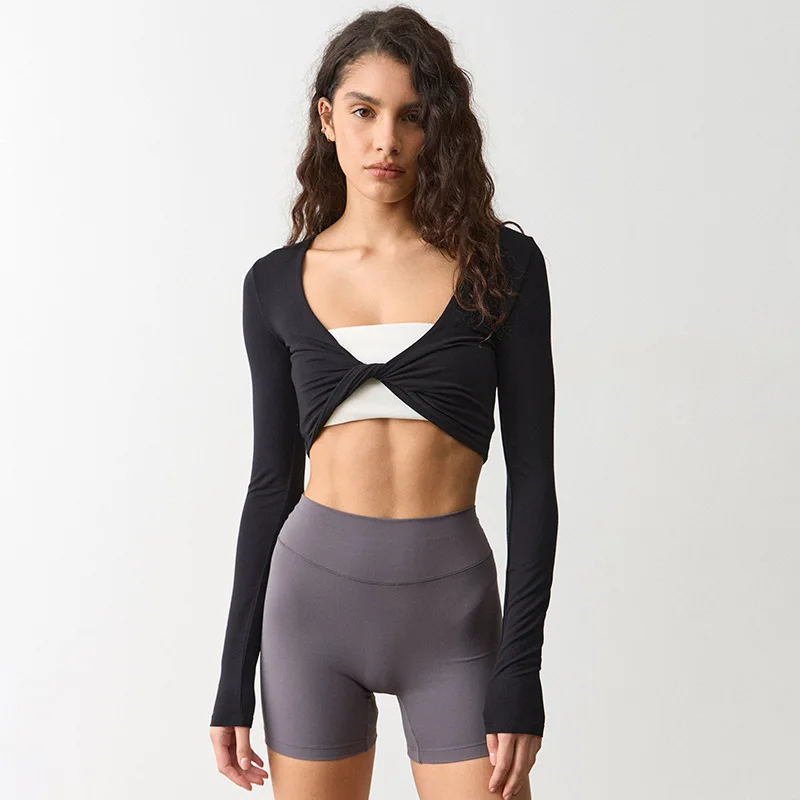 Women Solid Twist V-neck Long Sleeve Crop Tops Fashion Sexy Slim Fit Casual Streetwear T-shirts Fitness Workout Tees Cover Ups