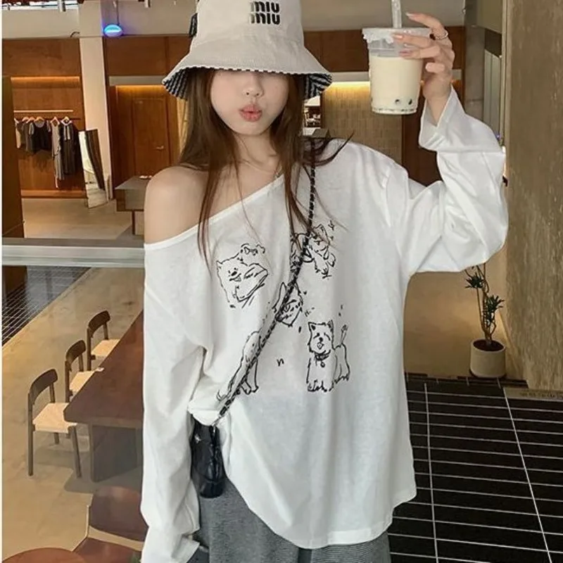 Blusa relajada con estampado de cachorro para mujer, blusa fina con hombros descubiertos, Top de manga larga adelgazante, holgado y versátil