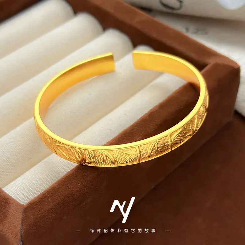 

2025 новый браслет в этническом стиле 24 карата, новый китайский дизайн из настоящего золота 9999, открывающийся браслет в национальном стиле с бамбуковыми листьями для женщин