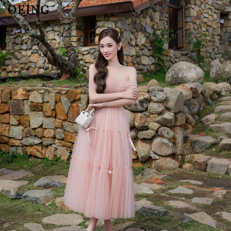 OEING Pink A-Line Princess Prom Dresses Elegant Strapless Off The Shoulder Party Gowns Simple Tea-Length Soft Tulle Customized