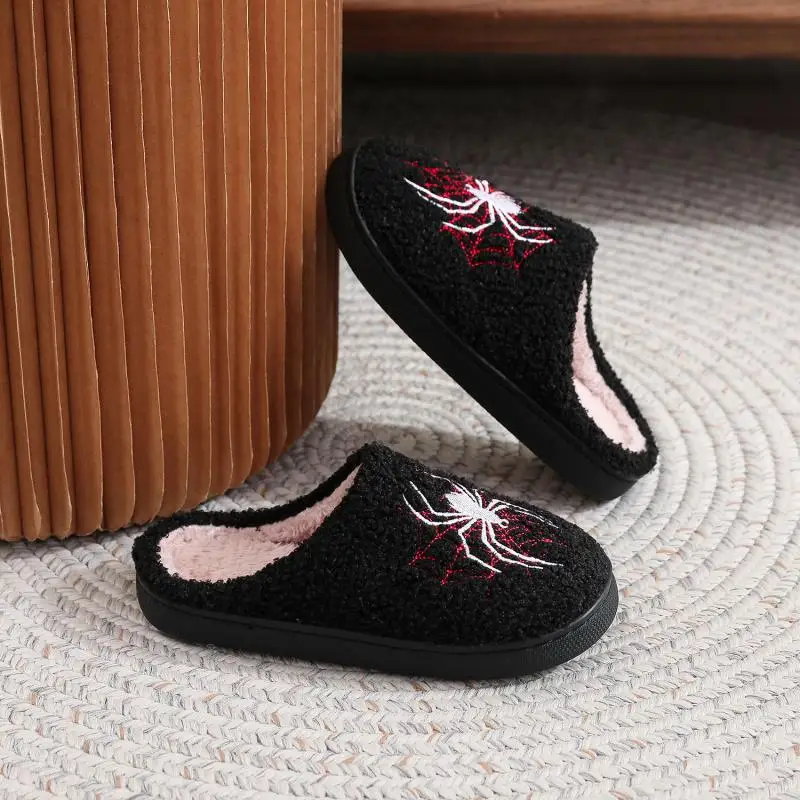 Warm Lambswool Cute Cartoon Halloween Slippers Men Winter 2026 Gothic Skeleton Furry Indoor Slippers Plus Size Men Home Shoes